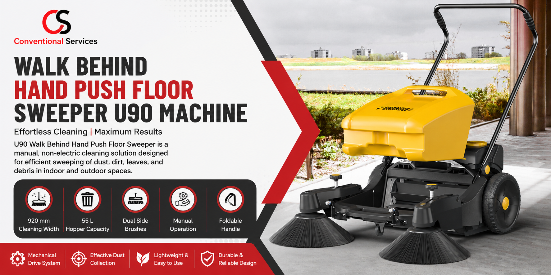 Walk Behind Hand Push Floor Sweeper U90 For Efficient Commercial Cleaning